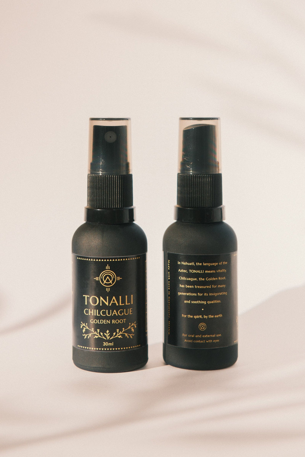 Tonalli Chilcuague Golden Root bottles showing front label and back panel