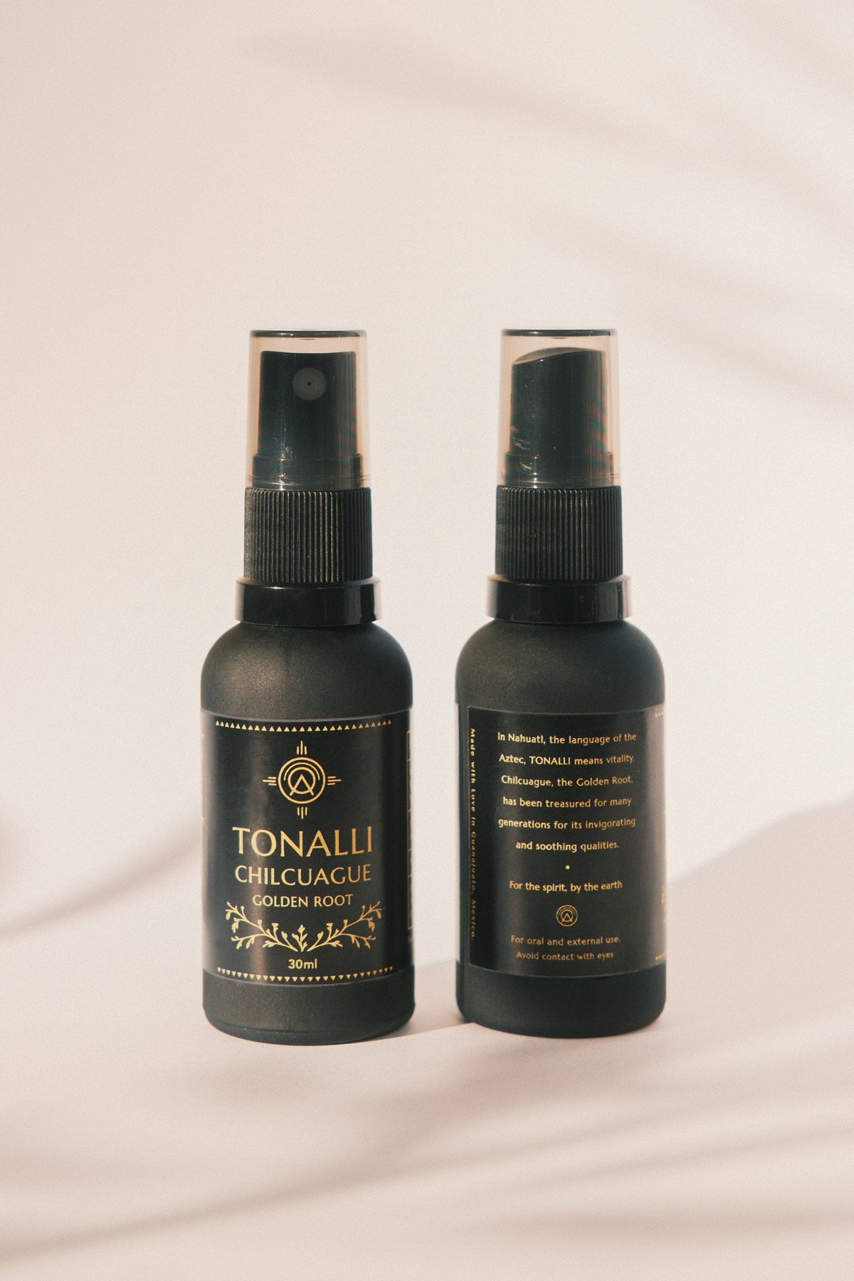 Tonalli Chilcuague Golden Root bottles showing front label and back panel